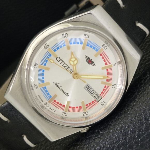 Citizen Other - Vintage 1971 Citizen Automatic Mens Silver Watch W/daydate & Red accents